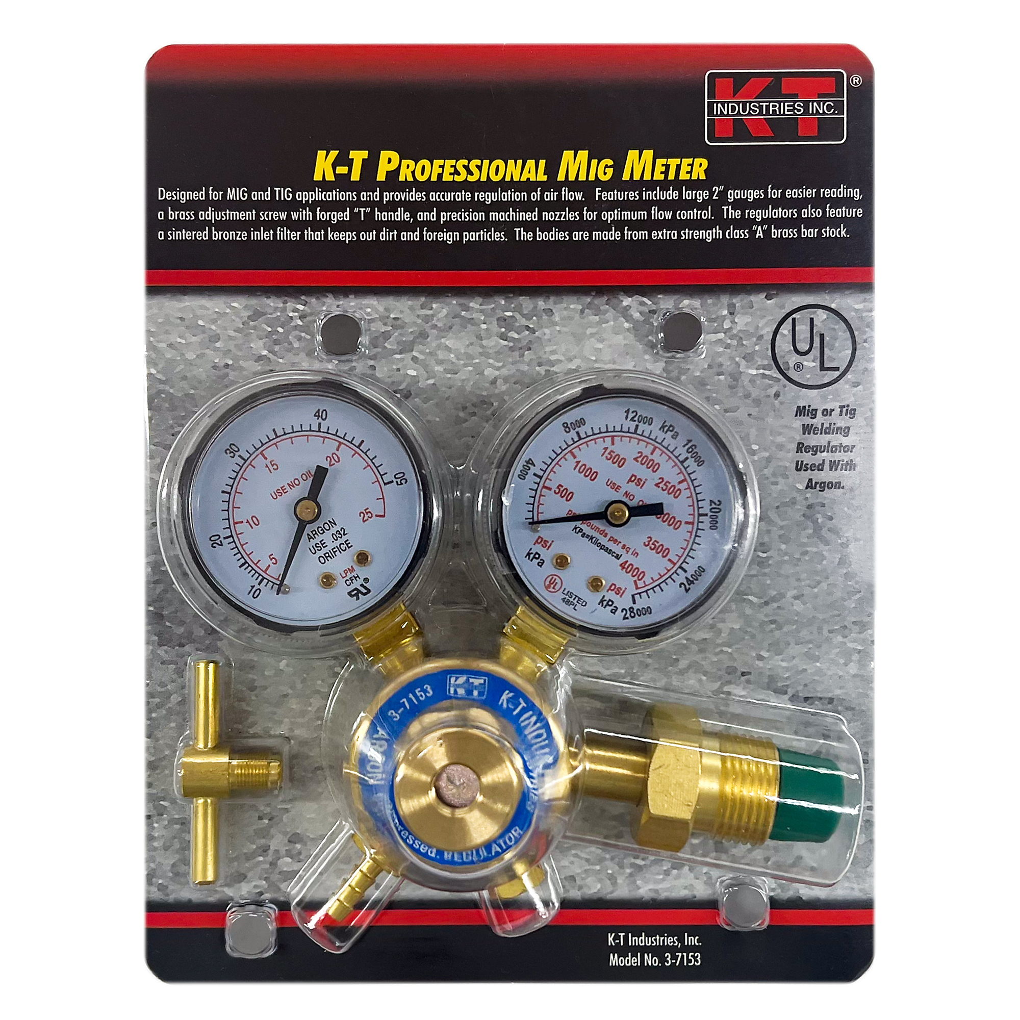 K-T Industries Argon Regulator — 2in. Gauges, Brass Body, Model# 3-7153
